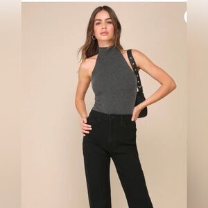 NWT Lulus Elusively Chic Charcoal Grey Textured Mock Neck Cutout Bodysuit SZ M